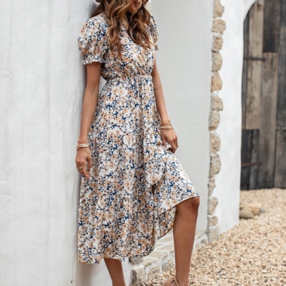 Boho floral print puff sleeve A-line midi dress - Picture 6 of 7
